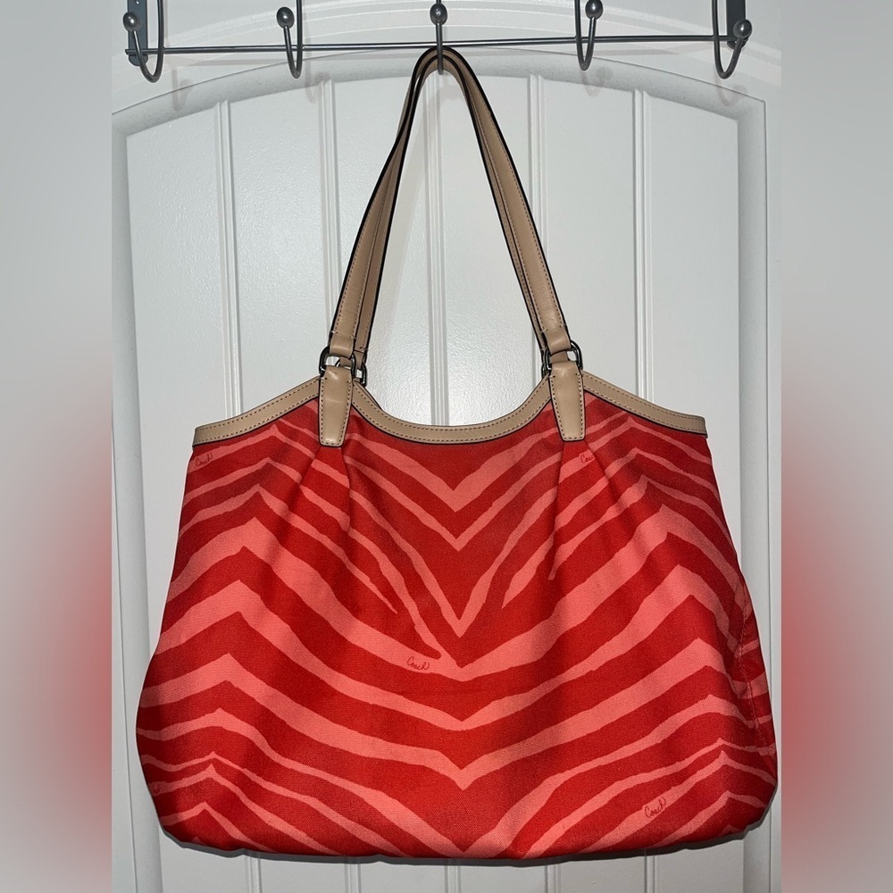 COACH Large Orange Signature Exotic Stripe Leather Shoulder Strap Tote Bag